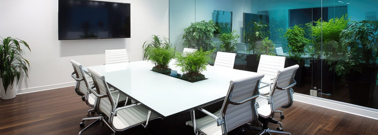 A conference room with plants and a television screen.