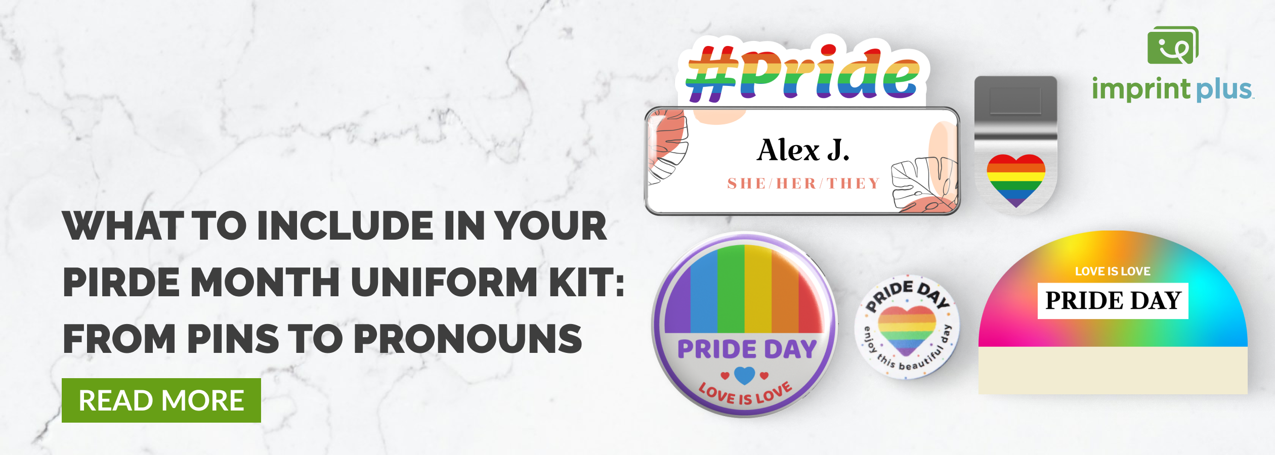 Pride-themed employee accessories (e.g. buttons, pins, badges) on a uniform or laid out on a clean background