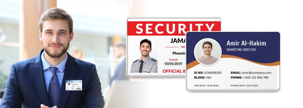 A man with a smile wearing a Photo ID Badge