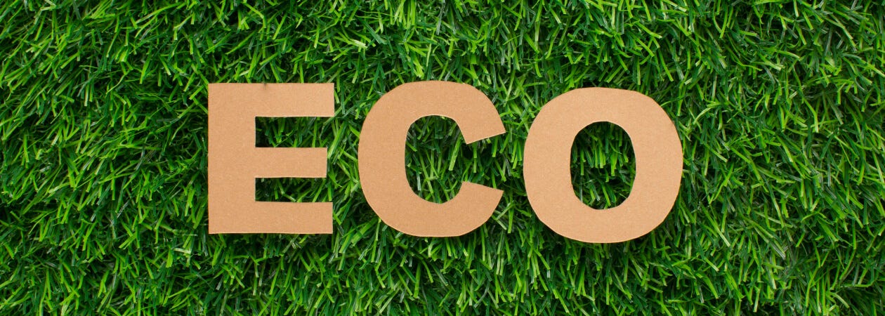 'Eco' on lush green grass background, great for Eco-Friendly name badges