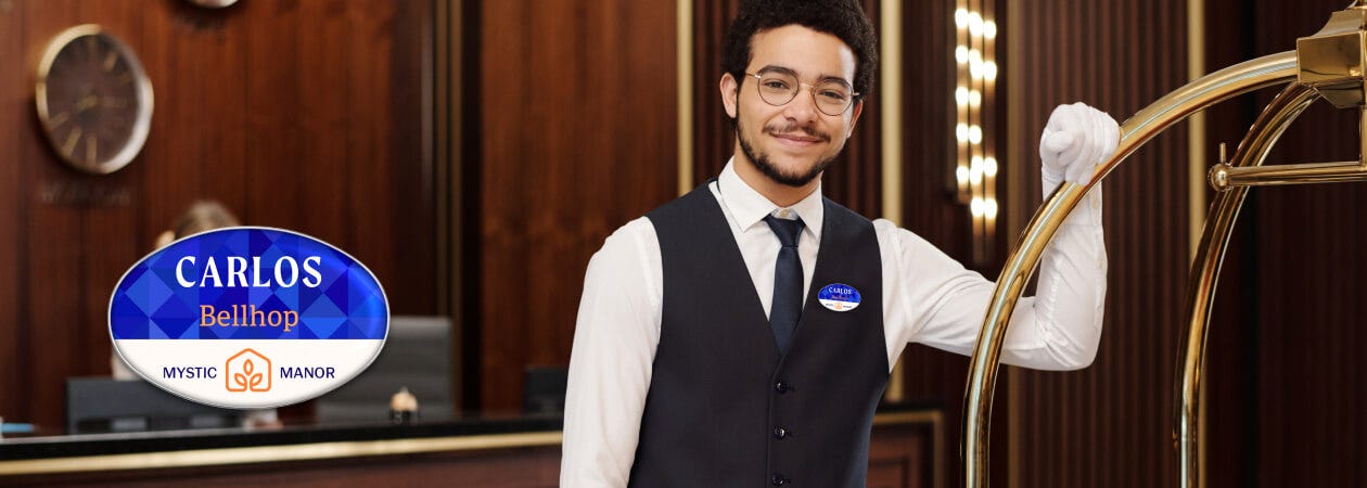 A man in a suit and tie wearing a name badge that presents professionalism.