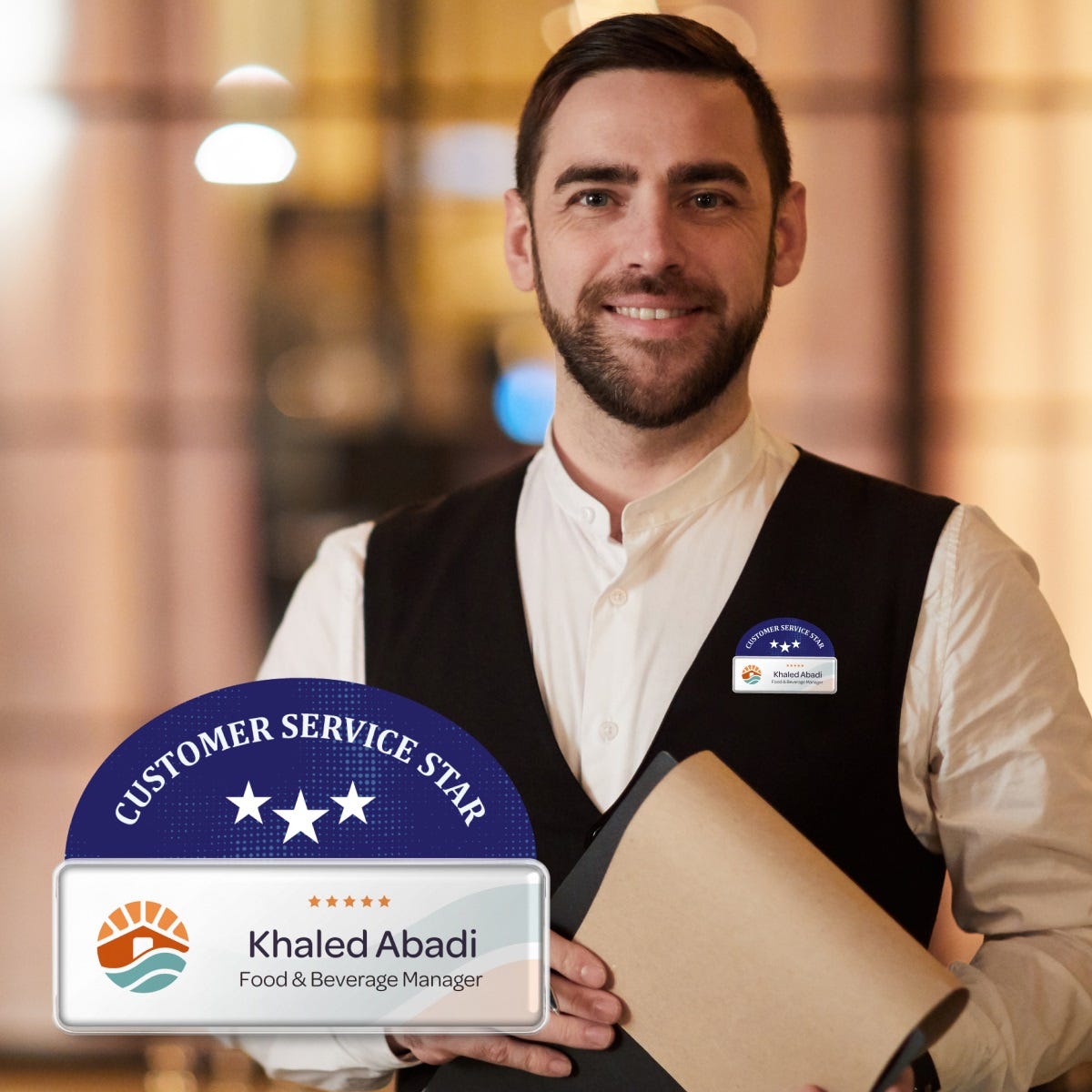 Name badge with badge talker attached for easy identification