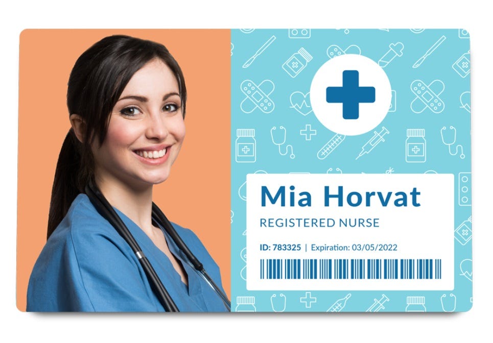 a photo name badge with blue background