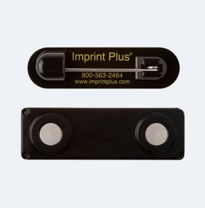 Imprint plus name badge fasteners including magnets and pins