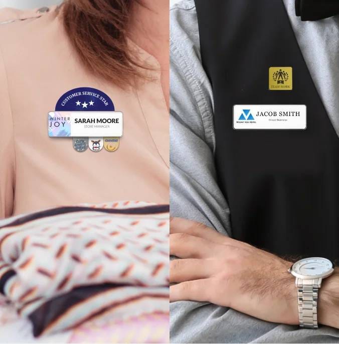 A man and woman wearing name badges with their lapels pins and badge talkers