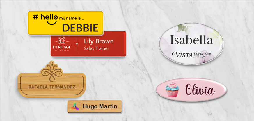 Custom name badges with colorful designs for easy identification and personalization.